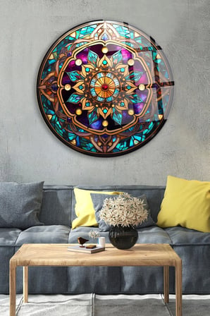 Vitray Mandala Daire Deseni Yuvarlak Cam Tablo | Modern Sanat Tablosu | Solmayan Canlı Renkler | Salon ve Oturma Odası | Anlamlı Hediye Seçeneği