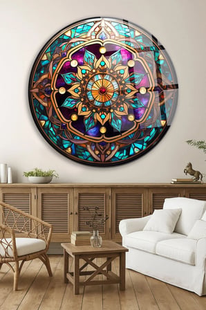 Vitray Mandala Daire Deseni Yuvarlak Cam Tablo | Modern Sanat Tablosu | Solmayan Canlı Renkler | Salon ve Oturma Odası | Anlamlı Hediye Seçeneği