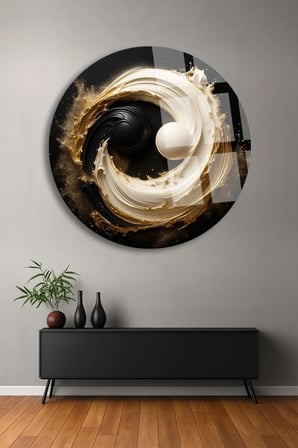 Yin Yang Ulrta Yuvarlak Cam Tablo | Modern Duvar Dekoru | Canlı Renkli Baskı | Salon ve Oturma Odası | Yeni Ev Hediyesi | 4mm Kırılmaz Cam