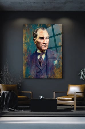 ATATÜRK - Renkli Görüntü Dikey Duvar Dekoratif Cam Tablo - Mustafa Kemal Portre Kırılmaz Temperli Canlı Salon Yatak Odası UV Baskılı Hediyelik