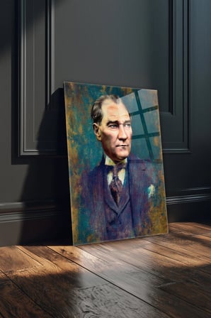 ATATÜRK - Renkli Görüntü Dikey Duvar Dekoratif Cam Tablo - Mustafa Kemal Portre Kırılmaz Temperli Canlı Salon Yatak Odası UV Baskılı Hediyelik