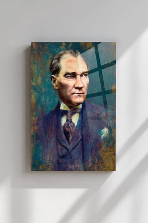 ATATÜRK - Renkli Görüntü Dikey Duvar Dekoratif Cam Tablo - Mustafa Kemal Portre Kırılmaz Temperli Canlı Salon Yatak Odası UV Baskılı Hediyelik