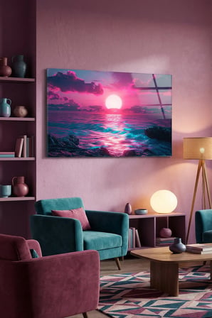 Kırılmaz Cam Tablo 5mm (Kalın) - Ev İşyeri Duvar Dekorasyonu - Soyut NEON RENKLER SAHİL (YATAY) - Kumsal Tropikal Canlı Sıcak Salon Mutfak Temperli UV Baskılı Hediyelik