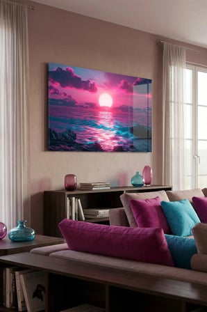 Kırılmaz Cam Tablo 5mm (Kalın) - Ev İşyeri Duvar Dekorasyonu - Soyut NEON RENKLER SAHİL (YATAY) - Kumsal Tropikal Canlı Sıcak Salon Mutfak Temperli UV Baskılı Hediyelik