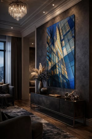 Kırılmaz Cam Tablo 5mm (Kalın) - Ev İşyeri Duvar Dekorasyonu - Soyut BİNA Tasarımlar (DİKEY) - Mimari Şehir Silüet Canlı Salon Mutfak Temperli UV Baskılı Hediyelik