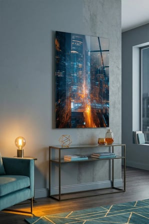Kırılmaz Cam Tablo 5mm (Kalın) - Ev İşyeri Duvar Dekorasyonu - Soyut BİNA Tasarımlar (DİKEY) - Mimari Şehir Silüet Canlı Salon Mutfak Temperli UV Baskılı Hediyelik