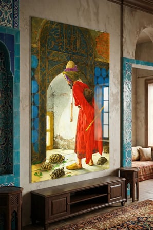 Kırılmaz Cam Tablo 5mm (Kalın) - Ev İşyeri Duvar Dekorasyonu - KAPLUMBAĞA TERBİYECİSİ - Osman Hamdi Bey Klasik Sanat Ofis Salon Koridor Temperli UV Baskılı Hediyelik