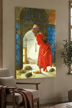 Kırılmaz Cam Tablo 5mm (Kalın) - Ev İşyeri Duvar Dekorasyonu - KAPLUMBAĞA TERBİYECİSİ - Osman Hamdi Bey Klasik Sanat Ofis Salon Koridor Temperli UV Baskılı Hediyelik