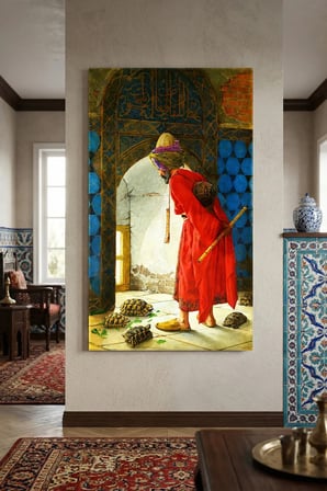 Kırılmaz Cam Tablo 5mm (Kalın) - Ev İşyeri Duvar Dekorasyonu - KAPLUMBAĞA TERBİYECİSİ - Osman Hamdi Bey Klasik Sanat Ofis Salon Koridor Temperli UV Baskılı Hediyelik