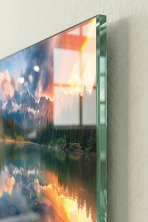 Kırılmaz Cam Tablo 5mm (Kalın) - Ev İşyeri Duvar Dekorasyonu - GÜNEŞ GÖL MANZARA (YATAY) - Gün Batımı Doğa Huzur Sıcak Salon Mutfak Temperli UV Baskılı Hediyelik