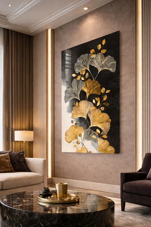 Kırılmaz Cam Tablo 5mm (Kalın) - Ev İşyeri Duvar Dekorasyonu – Ginkgo Biloba Tasarımlar (DİKEY) - Yaprak Bitki Botanik Zen Salon Ofis Temperli UV Baskı Hediyelik Şık