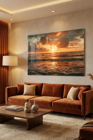 Kırılmaz Cam Tablo 5mm (Kalın) - Ev İşyeri Duvar Dekorasyonu - GÜNEŞ DENİZ MANZARA (YATAY) - Gün Batımı Kıyı Huzur Sıcak Salon Yatak Odası Temperli UV Baskılı Hediyelik