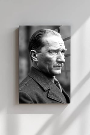 Atatürk Siyah Beyaz Kırılmaz Cam Tablo - Mustafa Kemal Portre Temperli Duvar Dekorasyonu Klasik Yatak Odası Salon Antre UV Baskılı