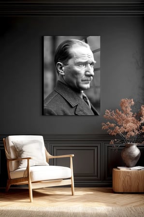 Atatürk Siyah Beyaz Kırılmaz Cam Tablo - Mustafa Kemal Portre Temperli Duvar Dekorasyonu Klasik Yatak Odası Salon Antre UV Baskılı