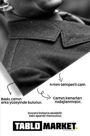 Atatürk Siyah Beyaz Kırılmaz Cam Tablo - Mustafa Kemal Portre Temperli Duvar Dekorasyonu Klasik Yatak Odası Salon Antre UV Baskılı