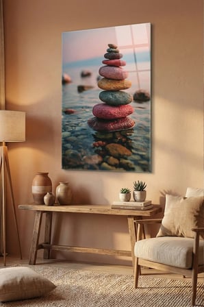 Kırılmaz Cam Tablo 5mm (Kalın) - Ev İşyeri Duvar Dekorasyonu - Soyut TAŞLAR Tasarımlar (DİKEY) - Zen Denge Minimal Huzur Salon Yatak Odası Temperli UV Baskılı Hediyelik