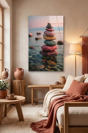 Kırılmaz Cam Tablo 5mm (Kalın) - Ev İşyeri Duvar Dekorasyonu - Soyut TAŞLAR Tasarımlar (DİKEY) - Zen Denge Minimal Huzur Salon Yatak Odası Temperli UV Baskılı Hediyelik