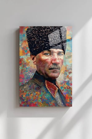 ATATÜRK - Renkli Görüntü Dikey Duvar Dekoratif Cam Tablo - Mustafa Kemal Portre Kırılmaz Temperli Canlı Salon Yatak Odası UV Baskılı Hediyelik