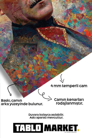 ATATÜRK - Renkli Görüntü Dikey Duvar Dekoratif Cam Tablo - Mustafa Kemal Portre Kırılmaz Temperli Canlı Salon Yatak Odası UV Baskılı Hediyelik