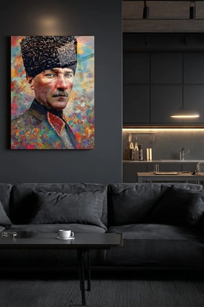 ATATÜRK - Renkli Görüntü Dikey Duvar Dekoratif Cam Tablo - Mustafa Kemal Portre Kırılmaz Temperli Canlı Salon Yatak Odası UV Baskılı Hediyelik