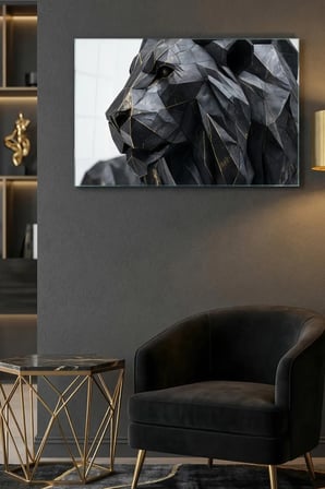 Kırılmaz Cam Tablo 5mm (Kalın) - Ev İşyeri Duvar Dekorasyonu - GEOMETRİK ASLAN Tasarımlar (YATAY) - Yaban Hayvan Güçlü Poligon Ofis Salon Koridor Temperli UV Baskılı Hediyelik