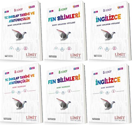 Limit 8. Sınıf İnkılap + Fen + İngilizce Konu Föyleri + Soru Seti 6 Kitap 2023