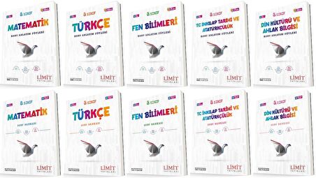 Limit 8. Sınıf Matematik + Türkçe + Fen + İnkılap + Din Konu Föyleri + Soru Seti 10 Kitap 2023