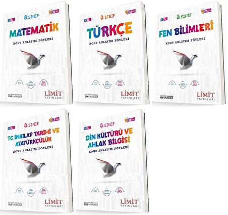 Limit 8. Sınıf Matematik + Türkçe + Fen + İnkılap + Din Konu Föyleri Seti 5 Kitap 2023