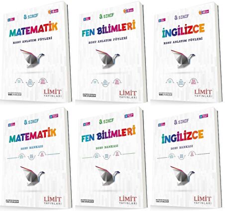 Limit 8. Sınıf Matematik + Fen + İngilizce Konu Föyleri + Soru Seti 6 Kitap 2023