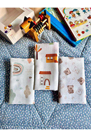 Çok Amaçlı Müslin Örtü & Battaniye 3'lü Set %100 Pamuk Oeko-Tex Sertifikalı 80x80 Cm