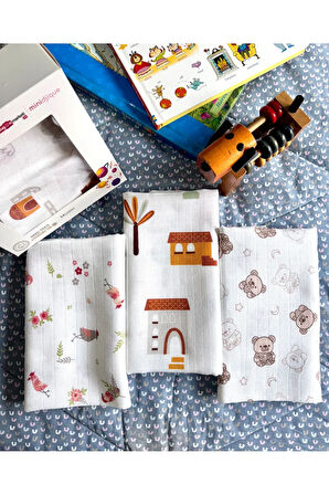Çok Amaçlı Müslin Örtü & Battaniye 3'lü Set %100 Pamuk Oeko-Tex Sertifikalı 80x80 Cm