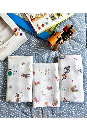 Çok Amaçlı Müslin Örtü & Battaniye 3'lü Set %100 Pamuk Oeko-Tex Sertifikalı 80x80 Cm