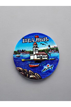 İstanbul Temalı Kabartma Polyester Magnet. 7cm Çap. Mavi