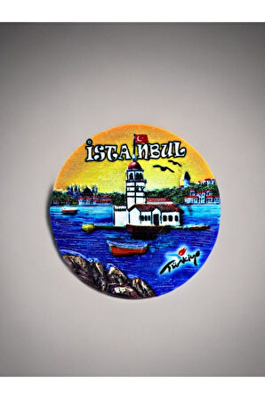 İstanbul Temalı Kabartma Polyester Magnet. 7cm Çap. Mavi