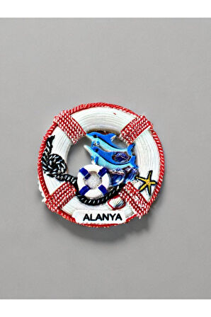 ALANYA Temalı Kabartma Polyester Magnet. 7,5cm çap. Kırmızı