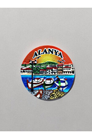 ALANYA Temalı Kabartma Polyester Magnet. 7cm çap. Turuncu