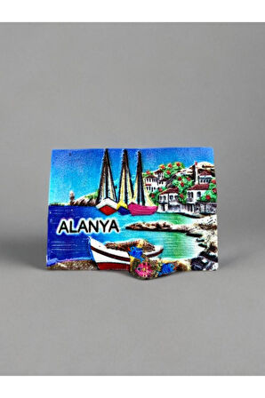 ALANYA Temalı Kabartma Polyester Magnet. 7cm x 6cm. Mavi