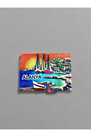 ALANYA Temalı Kabartma Polyester Magnet. 7cm x 6cm. Turuncu
