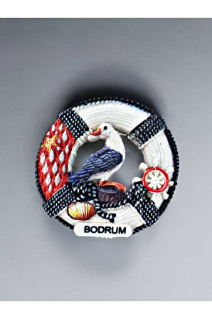 BODRUM Temalı Kabartmalı Polyester Magnet. 6,5cm çap. Lacivert