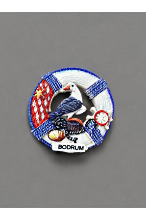 BODRUM Temalı Kabartmalı Polyester Magnet. 6,5cm çap. Mavi