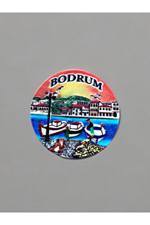 BODRUM Temalı Kabartmalı Polyester Magnet. 6,5cm çap Turuncu