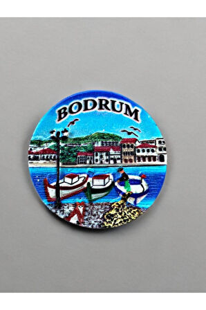 BODRUM Temalı Kabartmalı Polyester Magnet. 6,5cm çap Turuncu