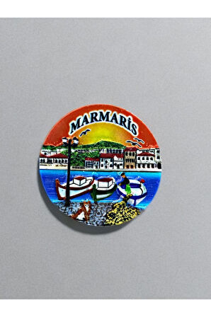 MARMARİS Temalı Kabartmalı Polyester Magnet 6,5 cm çap Turuncu