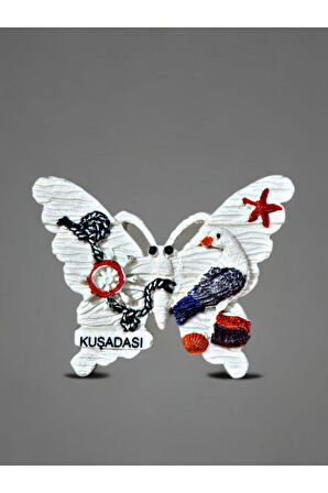 KUŞADASI Temalı Kabartmalı Polyester Magnet 8cm x 7cm Beyaz