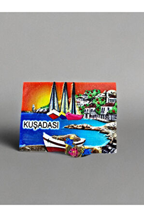 KUŞADASI Temalı Kabartmalı Polyester Magnet 7cm x 5cm Turuncu