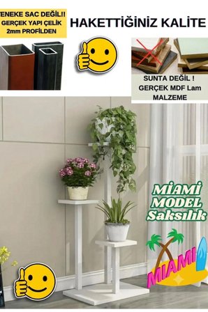 Miami Model 3 Katlı Çok Katlı Metal Saksı Çiçek Bitki Saksı Standı- Ev Salon Balkon Bahçe
