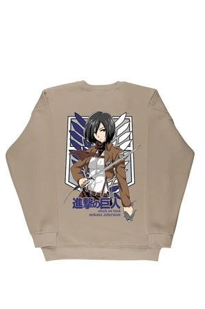 Lenithra Attack On Titan Mikasa Anime Sırt Baskılı Unisex Oversize Sweatshirt Bej / 2XL