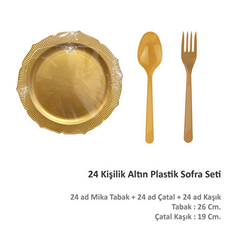Omeyva 26 Cm. Altın Sorfa Sunum Seti - Sert Mika Plastik - 24 Kişilik Tabak Çatal Kaşık Takımı