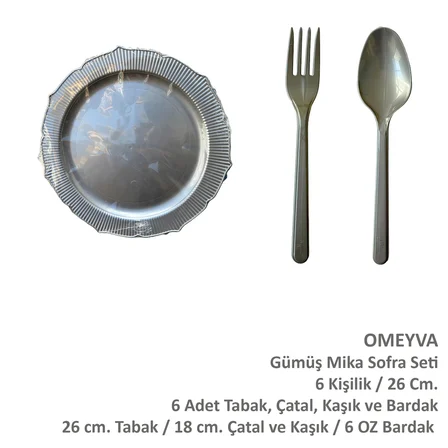 Omeyva Gümüş Mika Sorfa Sunum Piknik Seti - Sert Mika Plastik - 6 Kişilik Tabak Çatal Kaşık Takımı