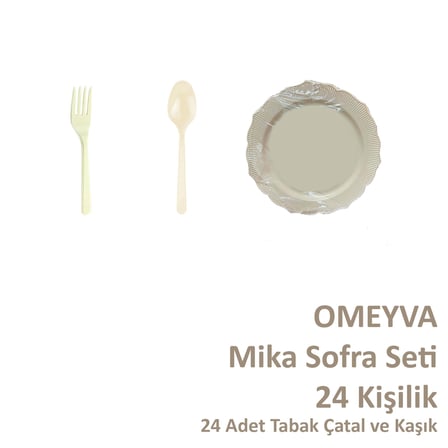 Omeyva 26 Cm. Plastik Sert Mika Krem Sorfa Piknik Seti - 24 Kişilik Tabak Çatal Kaşık Takımı